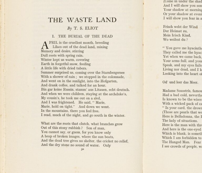 Texto en español de una página del poema "The Waste Land" de T. S. Eliot, que incluye el primer canto titulado "La sepultura de los muertos". La imagen muestra el texto impreso con un diseño clásico, destacando las reflexiones sobre la memoria, la vida y la muerte.